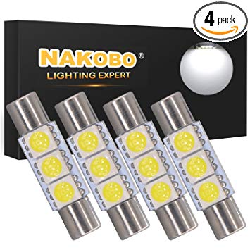 NAKOBO White 29mm Festoon Led Bulb 3-SMD 5050 Chipsets 6614F 6612F for Car Interior Vanity Mirror Sun Visor Lights Pack of 4