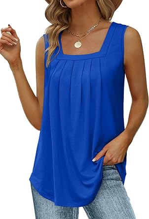 Aokosor Summer Tank Tops for Women Loose Fit Flowy Square Neck Sleeveless Tops Curved Hem Pleated