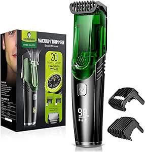 Vacuum Beard Trimmer for Men, Mustache Trimmer with 20 Length and Styles Adjustable, Built-in Vacuum Trimmer for Mustache, Sideburns, Facial Hair, Rechargeable, IPX6 Waterproof, 2 Comb