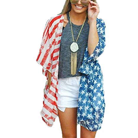 Askwind 4th of July Women's American Flag Print Kimono Cover Up Tops Shirt