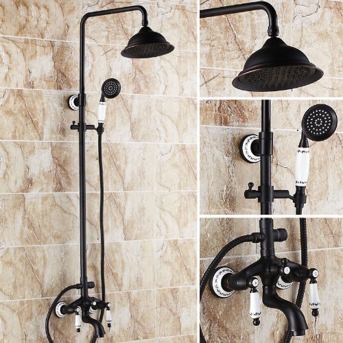 Rozin Oil Rubbed Bronze Bathtub Shower Faucet Set 8-inch Rainfall Shower Head   Hand Sprayer Porcelain Deco