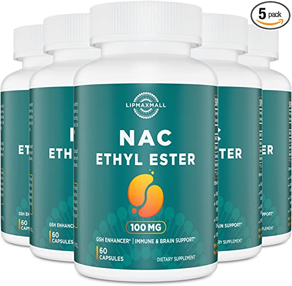 lipmaxmall N-Acetyl Cysteine Ethyl Ester NACET - More Bioavailability Than 1000mg NAC - Boost Glutathione - Immune System & Antioxidant Support for Adults , 100MG ( 60 Vegetarian Capsules - 5 Pack)