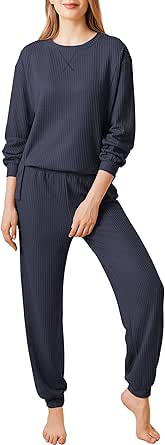 Ekouaer Waffle Knit Lounge Sets for Women Long Sleeve Pajamas Set with Pockets 2 Pieces Outfits Top and Pants