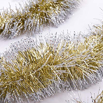 iPEGTOP 3 Pcs x 6.6ft Christmas Snowy Tinsel Garland, Classic Shiny Sparkly Party Soft Tinsel Christmas Tree Ceiling Hanging Decorations, 4 inch Wide - Gold Silver Edge