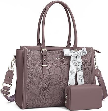 MOSISO Laptop Bag for Women, 15.6-16 inch PU Leathe Tote Bag Compatible with MacBook, HP, Dell, Asus Notebook, Front Embossed Retro Hibiscus Computer Bag with Silk Scarf&Clutch Purse, Slate Purple