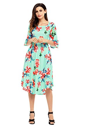 Annflat Women's Summer Floral Print Bell Sleeve Casual Midi Dress with Pockets S-XXL