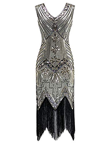 Bifast Women's Flapper Dresses Vintage 1920s V Neck Beaded Fringed Lace Tassels Hem Flapper Great Gatsby Dress