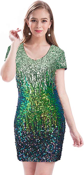 MANER Women's Sequin Glitter Short Sleeve Dress Sexy V Neck Mini Party Club Bodycon Dresses