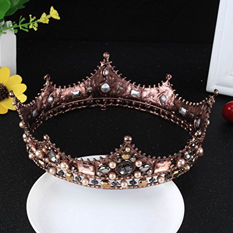 FUMUD Baroque Vintage Black Rhinestone Beads Round Big Crown Wedding Hair Accessories Luxury Crystal Queen King Crowns Bridal Tiaras (Retro)
