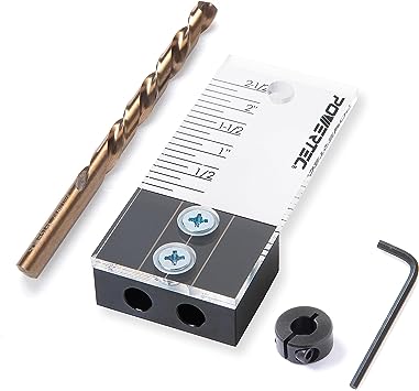 POWERTEC 71716 Dowel Drilling Jig with laser cut witness mark, included depth scale, Cobalt M-35 Drill Bit and Split Ring Stop Collar, 3/8-Inch