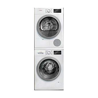 500 Series White Front Load Compact Stacked Laundry Pair with WAT28401UC 24 Washer WTG86401UC 24 Electric Condensation Dryer and WTZ20410 Stacking Kit