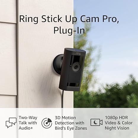 Ring Stick Up Cam Pro Plug-In | Two-Way Talk with Audio , 3D Motion Detection with Bird’s Eye Zones, and 1080p HDR Video & Color Night Vision (2023 release), Black