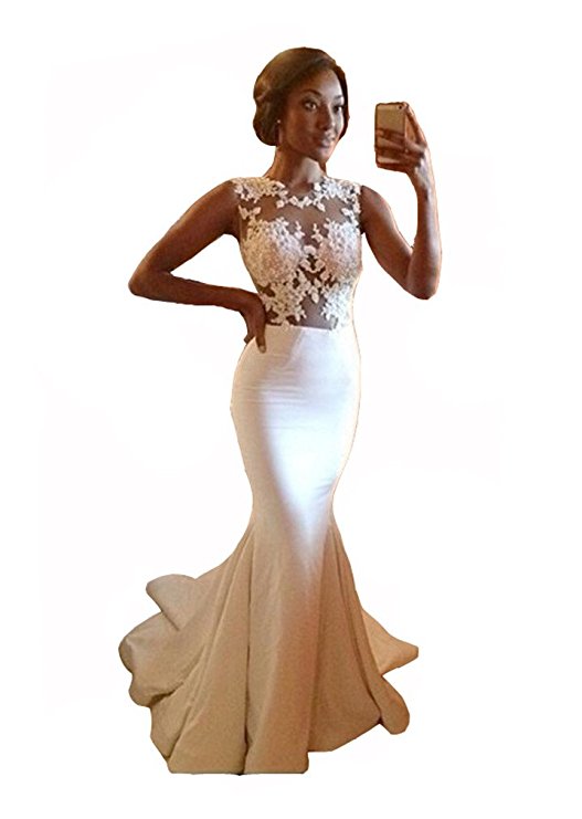 Snow Lotus Women's White Lace Appliques Ruffles Floor Length Evening Gown for Wedding