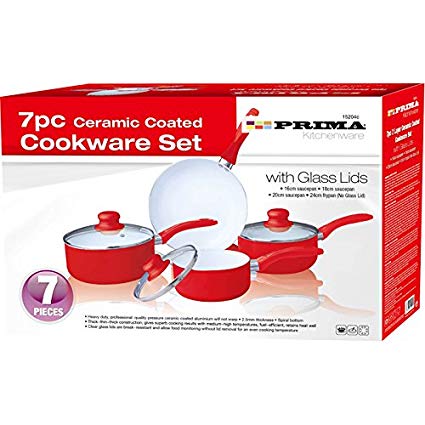 PRIMA Ceramic Coated Cookware Set, Set of 7, Red/ White