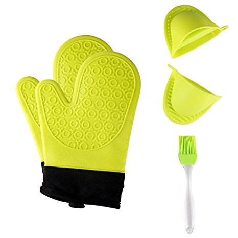 Jonhen Heat Resistant Silicone Oven Gloves Non-Slip with Cotton Lining for Kitchen Baking - Oven Mitts 1 Pair, Bonus Brush & Pot Holder (green)