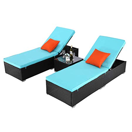 Do4U 3 Pieces Outdoor Patio Chaise Lounge Sets Adjustable Backrest Rattan Wicker Furniture Pool Porch Lounge Chair Set with Coffee Table (Turquoise Cushion)