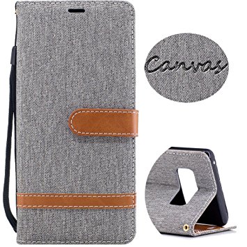 Wallet Leather Flip Case Cover for Samsung Galaxy Note 8, Denim Canvas Anti-Slip Case with Phone Wrist & Card Holder, Embedded Durable Magnetic Kickstand case for Galaxy Note 8 (2017)-Grey