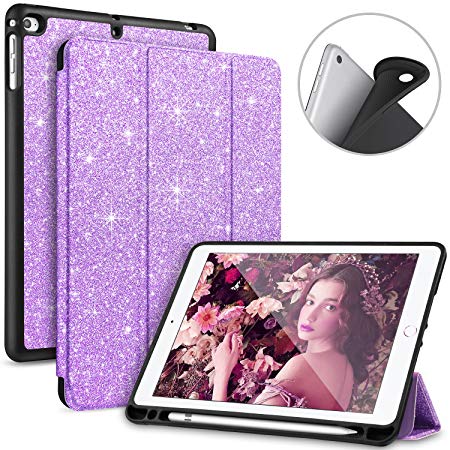 UARMOR Folio Case for New iPad 9.7 inch (2018 / 2017 release) / iPad Air / iPad Air 2, Bling Sparkle Glitter Case with Stand Pencil Holder Auto Sleep / Wake Function for iPad 5th 6th Gen, Purple