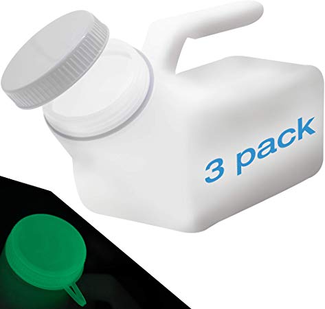 Urinals for Men Glow in The Dark Lid by Tilcare (3 Pack) - 32oz/1000mL Thick Plastic Mens Bedpan Bottle with Screw-on Lid - Spill Proof Urinary Chamber - Male Portable Travel Pee Bottles