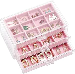 ProCase Earring Holder Organizer Jewelry Box with 3 Drawers, Acrylic Clear Earring Case with Adjustable Velvet Trays for Women - Pink, 3 Layers