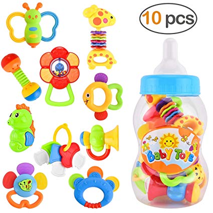 GotechoD Baby Rattles Teether Rattle Set,Shaker Grab Rattle Baby Infant Newborn Toys Early Educational Toys for 3 6 9 12 Month Boys Girls Baby Gifts