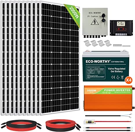 ECO-WORTHY 2000W 24V Off Grid Complete Solar Panel Kit System with 10pcs 195W Solar Panel and 3500W Inverter and 6 String Combiner Box and 60A Controller and 4pcs 100AH Battery for Homes, RV, Boats