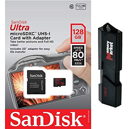 SanDisk Ultra 128GB UHS-I Class 10 MicroSDXC Memory Card Up to 80mb/s SDSQUNC-128G with Adapter and USB 3.0 Ultra High Speed MemoryMarket with 2-slot MicroSD & SD Memory Card Reader