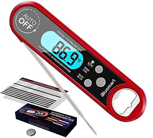 Instant Read Meat Thermometer Blusmart Waterproof Digital Food Thermometer Probe with Backlight LCD & Calibration Ultra Fast Cooking Thermometer Kitchen for Meat, BBQ Grilling Smoker Baking Turkey