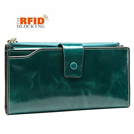 JSLOVE Women's RFID Blocking Large Capacity Leather Clutch Wallet With Zipper Pocket