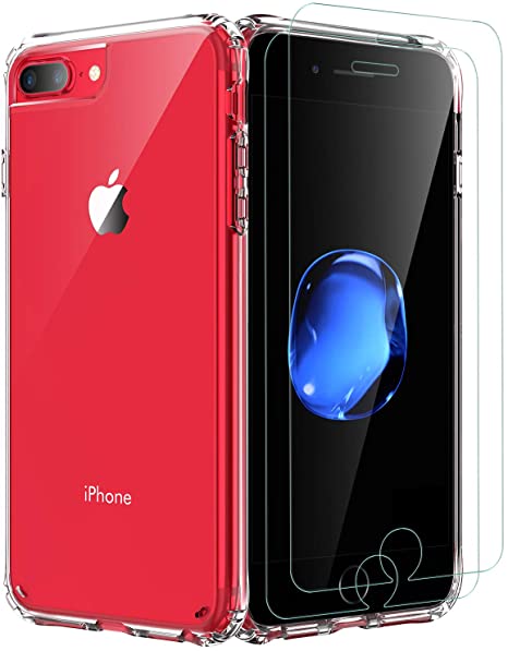 iPhone 7 Plus/ 8 Plus/ 6S Plus Case，[Airbag Series] with [ Tempered Glass Screen Protector] [ Military Grade ] | 15Ft. Drop Tested [Scratch-Resistant] Wireless Charging for Apple iPhone 7 /8  - Clear