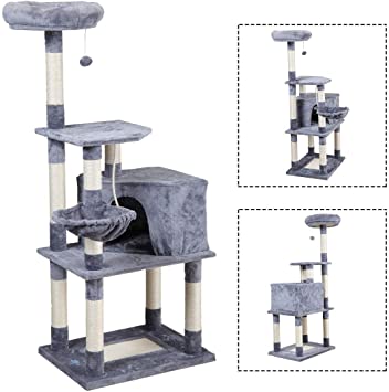 JAXPETY 60" Cat Tree Kittens Activity Tower w/Condo and Scratching Post Pet Play House Light Grey