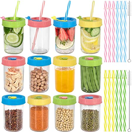 Glass Kids Cups Toddler Drinking Bottle Mason Drinking Jars, 8oz Mason Jars Regular Mouth Spill-proof Smoothies Cups with Airtight Lids & Straw for Juice/Smoothies/Kombucha/Milk/Food/Canning-12 Pack