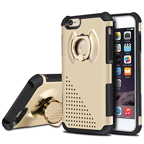 iPhone 6 Plus Case,Wollony Cooling Dual Layer Shockproof 360° Rotating Metal Ring Kickstand iPhone 6S Plus Case Foldable Anti-Skid Drop Protective iPhone 5.5" Ring Holder Grip Bumper Cover (Gold)