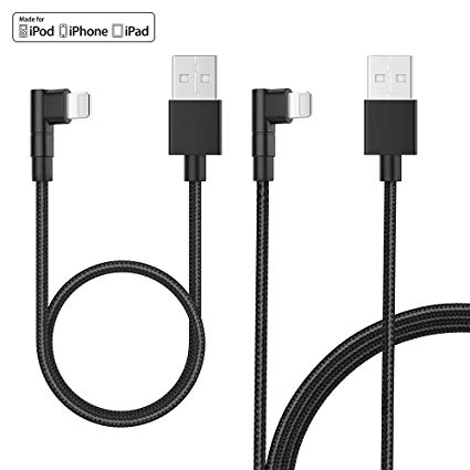 MFi Certified Right Angle Lightning Cable 1ft 4ft 2 Pack Braided iPhone Charger Cord 90 Degree Powerline L Shaped Data Fast Charge Compatible for iPhone Xs Max, XR, X, 8 Plus, 7 Plus, 6 Plus, 5, iPad