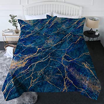 BlessLiving 3 Piece Marble Abstract Comforter Set with Pillow Shams – 3D Fashion Designs Reversible Comforter King Size for Boys – Soft Comfortable Machine Washable, Blue Marble with Gold Glitter