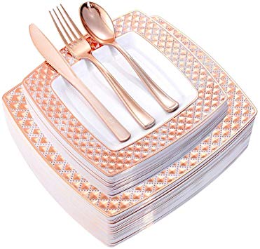 WDF 125PCS Rose Gold Plastic Plates with Disposable Plastic Silverware,Diamond Square Plastic Tableware include 25 Dinner Plates,25 Salad Plates,25 Forks, 25 Knives, 25 Spoons