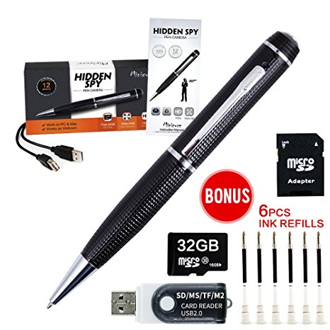 MINICUTE Hidden Camera Spy Pen 1080P- Bundle 32GB MICRO Card   6 INK FILLS  Updated battery SD card Adapter Card reader-Real 2560 x 1920HD Video Voice&Image Recorder.