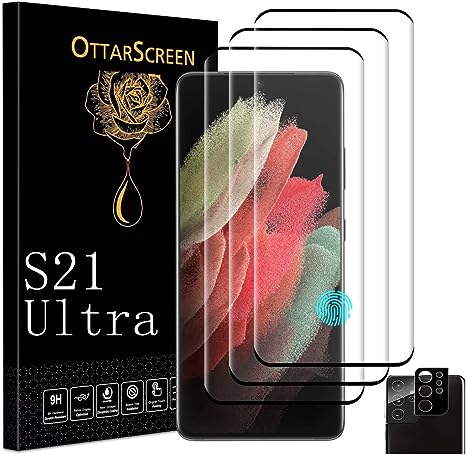 OttarScreen Galaxy S21 Ultra Screen Protector, 3 Pack Tempered Glass Screen Protector【3 1 Pack】1 Pack Tempered Glass Camera Lens Protector, Compatible Fingerprint, 3D Glass 9H Hardness Tempered Glass Screen Protector for Samsung Galaxy S21 Ultra 5g