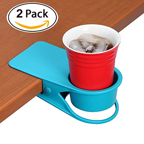 YOY 2 Pack Drink Cup Holder Clip - Home Office Table Desk Side Huge Clip Water Drink Beverage Soda Coffee Mug Holder Cup Saucer Clip Design, Blue