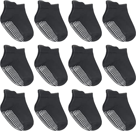 12 Pairs Non-Slip Toddler Socks With Grips for Baby Boys and Girls - Anti-Slip Ankle Socks for Infant's and Kids
