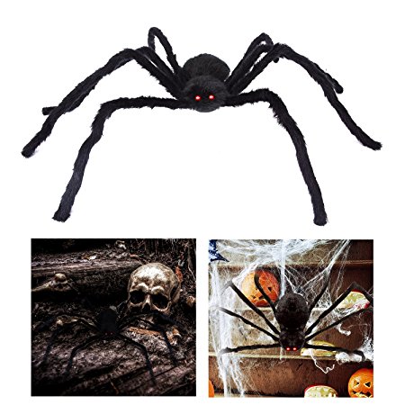 HOTSAN Giant Halloween Spider 50" Large Fake Spider Outdoor Halloween Decorations - Quake and Squeak with Spooky Voice when Touch
