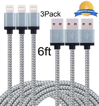 Mribo 3pcs 6FT 8Pin Lightning Cable Nylon Braided Extra Long USB Cord Charging Cable for iphone 6s, 6s plus, 6plus, 6,5s 5c 5,iPad Mini, Air,iPad5,iPod on iOS9.(gray silver).