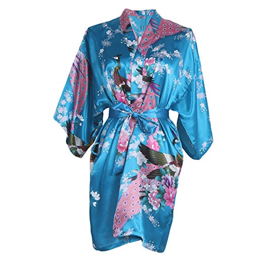 Elite99 Women's Sexy Robes Peacock and Blossoms Kimono Satin Nightwear Mini Dress