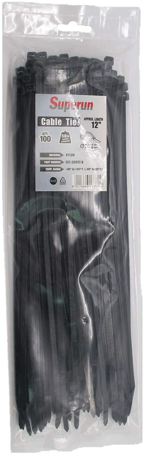 Superun 12 Inch Selflocking Heavy Duty Zip Tie, 50 Lbs Tensile Strength Wire Ties (Industrial Grade Cable Tie) Pack of 100 Black
