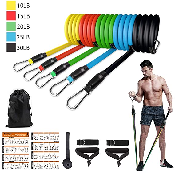Blinngo Resistance Bands Set Portable Exercise Bands Indoor Sports Equipment with 5 Fitness Tubes, 2 Foam Handles, 2 Ankle Straps, Door Anchor, Carrying Bag