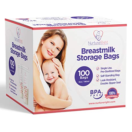 100 Breastmilk Storage Bags - 6oz / 180ml Pre-Sterilized & BPA-Free Bags, Designed for Even and Faster Thawing with Leak Proof Mechanism by Nurture Right, New & Improved