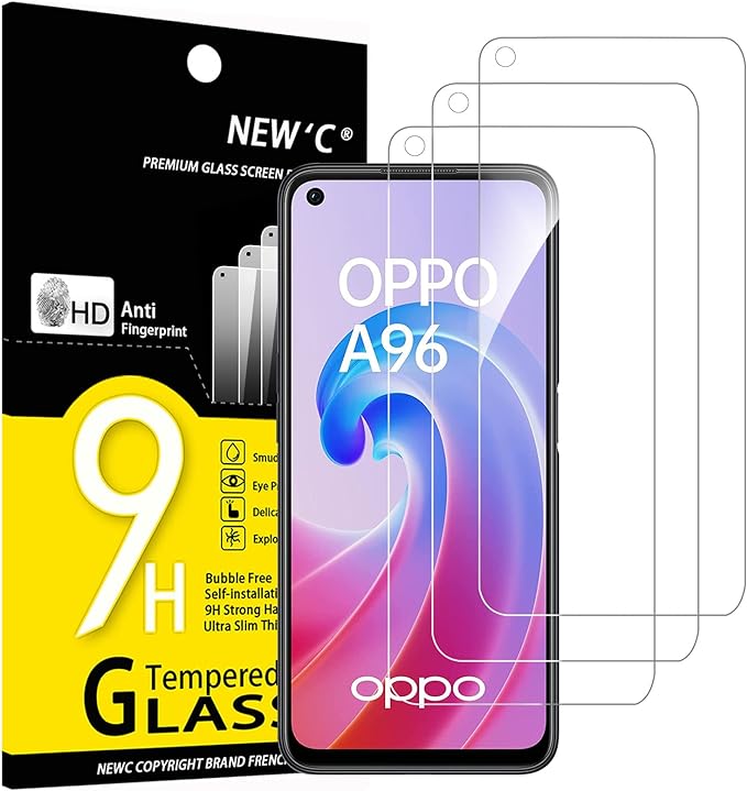 NEW'C 3 Piezas, Protector Pantalla para Oppo A96 4G, Oppo A36, Cristal templado Antiarañazos, Antihuellas, Sin Burbujas, Dureza 9H, 0.33 mm Ultra Transparente, Ultra Resistente