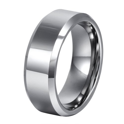 L-Ring 8MM Silver Mens Tungsten Wedding Ring in Comfort Fit with High Polished Beveled Edge Size 7-14