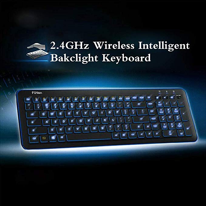 Pesp Ultra-thin Intelligent Smart Adjustable Blue LED Backlight Multimedia Wireless Gaming Keyboard with USB Receiver for PC Laptop
