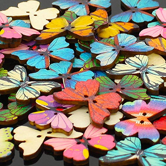 Pack of 50 Multi Color Butterflies Buttons-Mixed Wood Buttons Sewing Scrapbooking Flowers Shaped 2 Holes